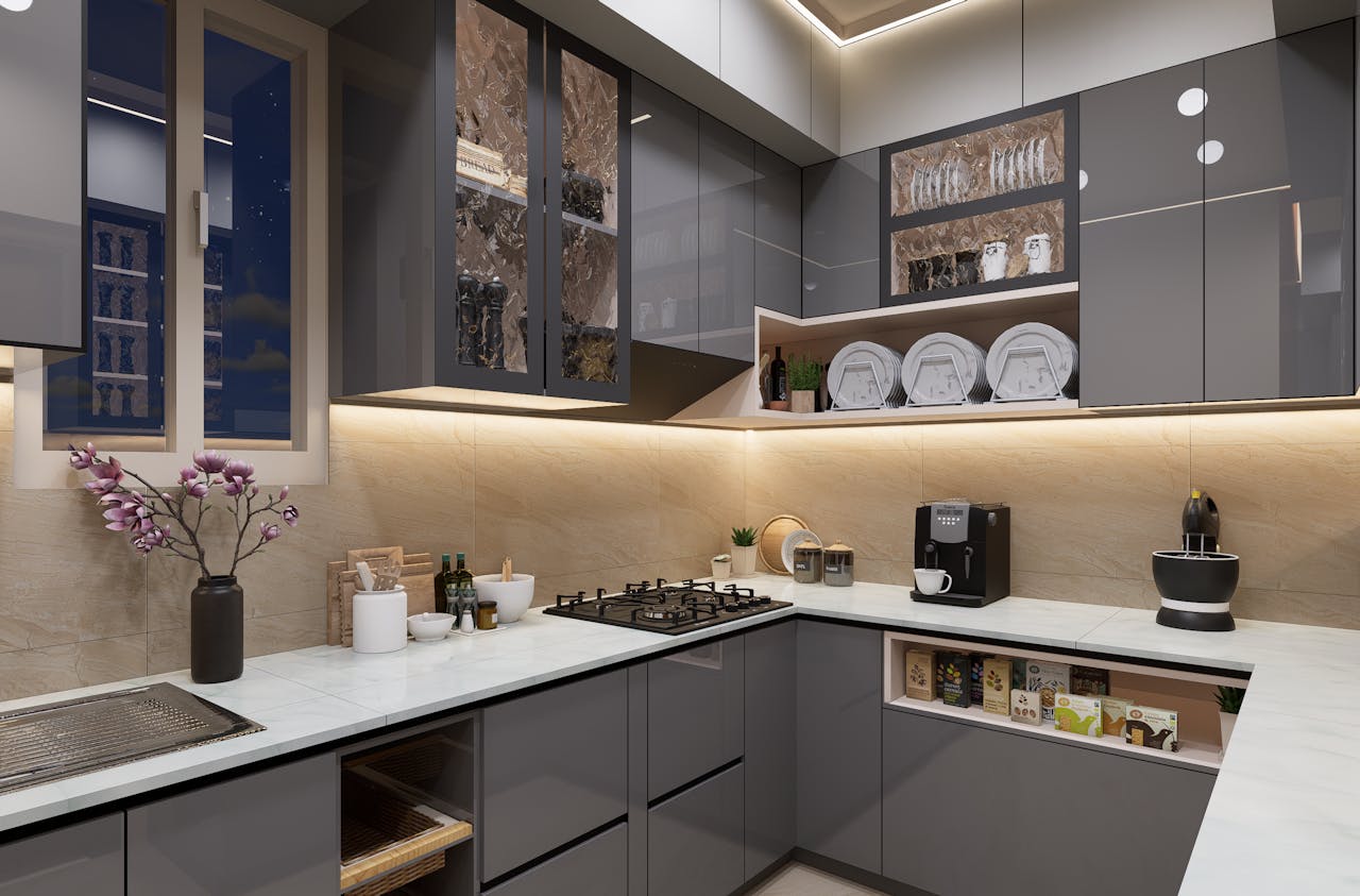 services-03 Sleek modern kitchen with elegant lighting and contemporary decor.